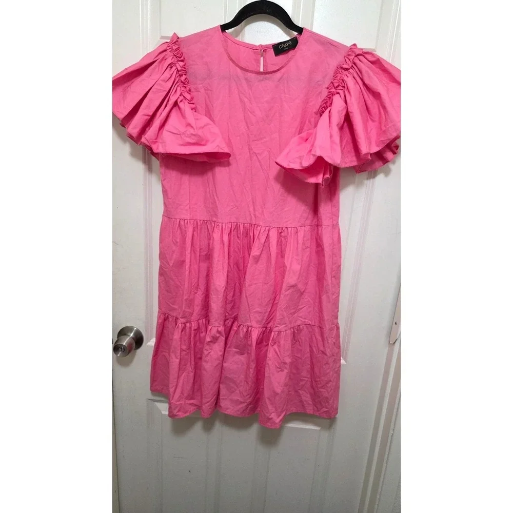Chepé Pink Fary Festival Beachy Italy Ruffled Tiered Short Sleeve Cotton Dress